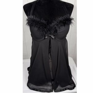 Cabernet Black Sheer Babydoll Cami Lingerie Romantic Whimsigoth Feather Trim L